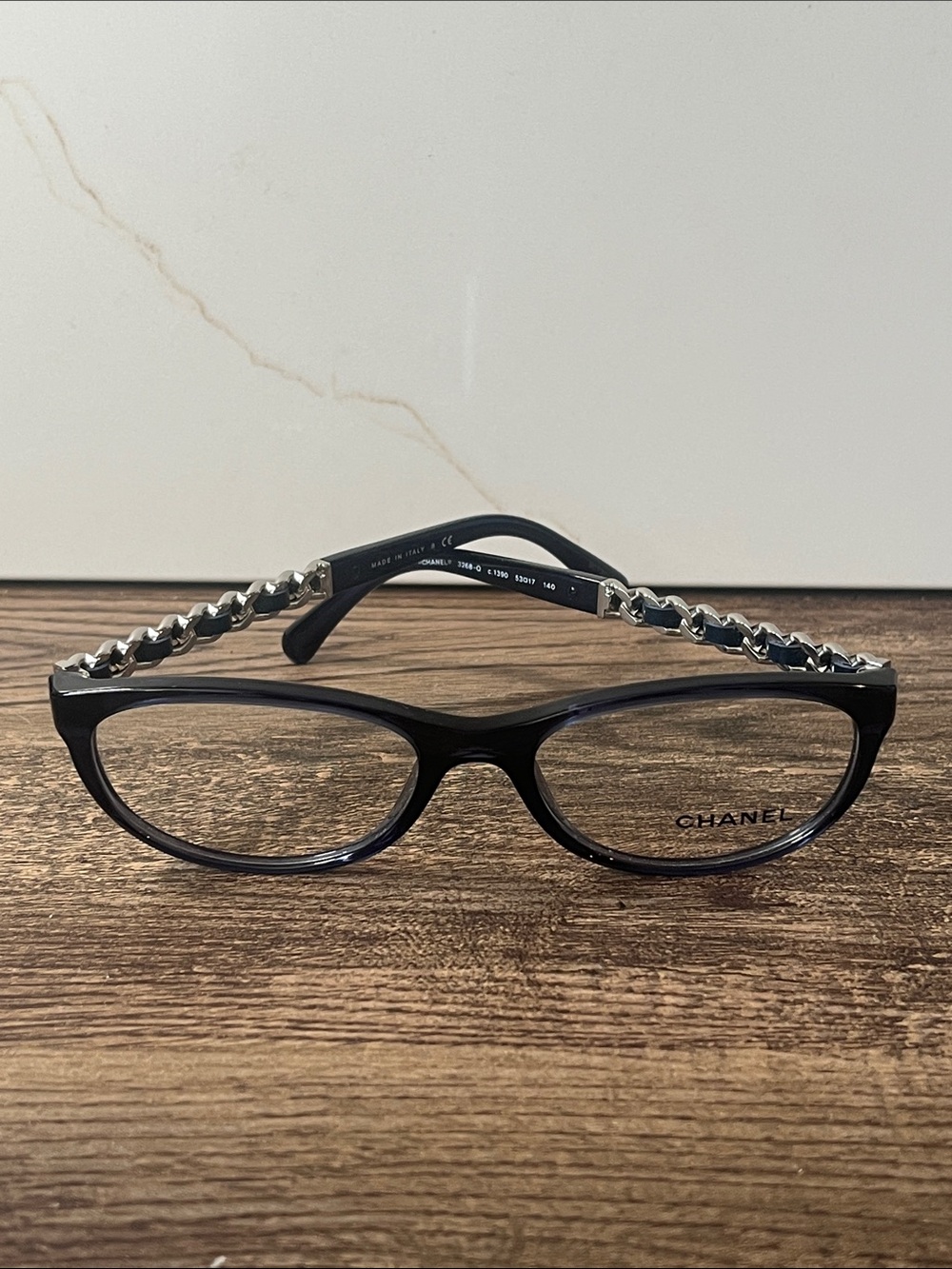 Authentic CHANEL navy Glasses Silver Chain Temples 3268-Q c.1390